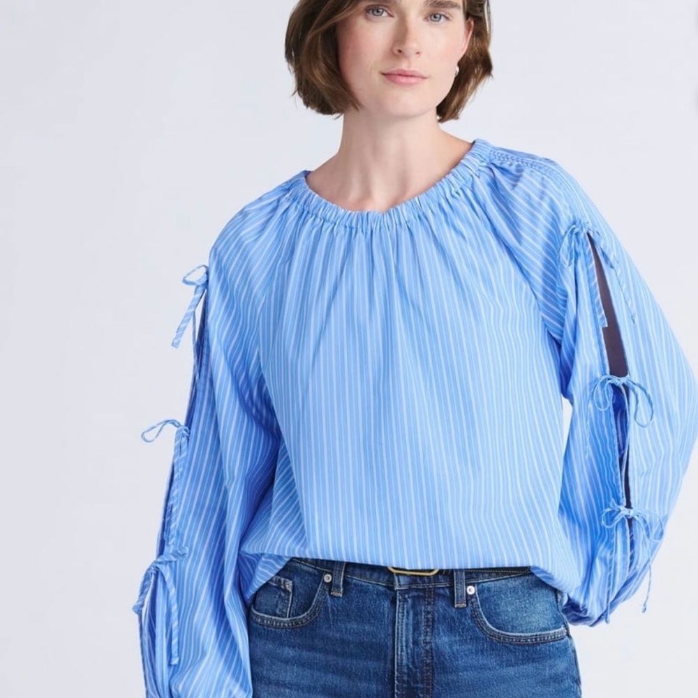 Elegant Blue Striped Blouse with Tie Details
